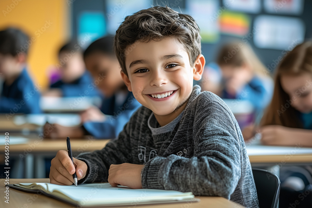 A boy smiling while writing in his notebook during class A boy smiling while writing in his notebook during class