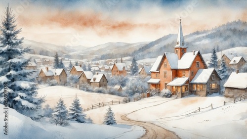 Rustic snowy mountain village with wooden huts, a church and snow-covered pine trees – Christmas card