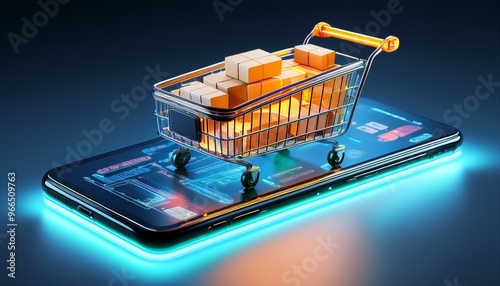 A futuristic digital art scene featuring a glowing shopping cart filled with product boxes, positioned on a smartphone screen. Generative AI