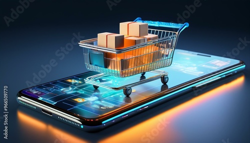 A futuristic digital art scene featuring a glowing shopping cart filled with product boxes, positioned on a smartphone screen. Generative AI