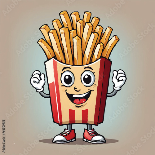 French fries in box with cute funny face. Fried potato sticks in pack with eyes and mouth. Happy chips character smiling. Colored flat cartoon vector illustration of adorable comic fast food fries.