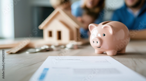 A close-up of a table featuring real estate investment items like a property deed, a model home, and a piggy bank. In the blurred background, a joyful family is seen observing thei