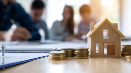 On the table, various items representing real estate investment, such as a miniature house, a stack of coins, and legal documents, are arranged. The blurred background reveals a fa