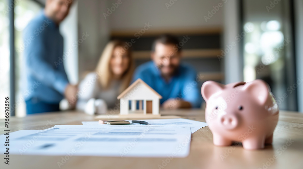 A table is adorned with investment symbols like a model home, a piggy bank, and financial papers. The blurred background shows a family standing together, smiling as they look at t A table is adorned with investment symbols like a model home, a piggy bank, and financial papers. The blurred background shows a family standing together, smiling as they look at t