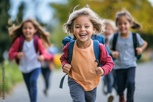 A group of young children running happily to school