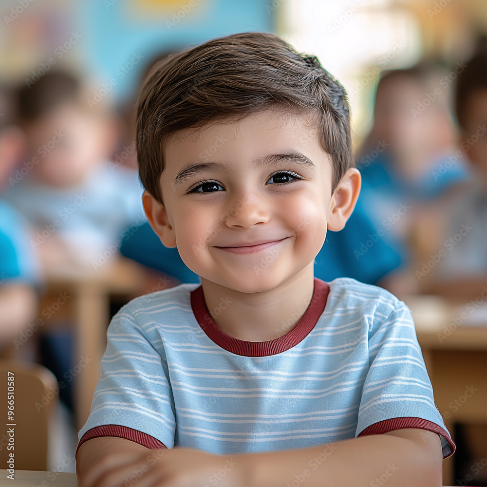 A young boy smiling confidently while sitting in class A young boy smiling confidently while sitting in class