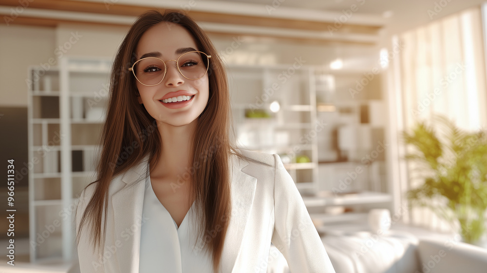 A cheerful 3D cartoon woman, dressed in stylish casual attire, standing in a bright and modern living room, her joyful expression reflecting the warmth of the space. A cheerful 3D cartoon woman, dressed in stylish casual attire, standing in a bright and modern living room, her joyful expression reflecting the warmth of the space.