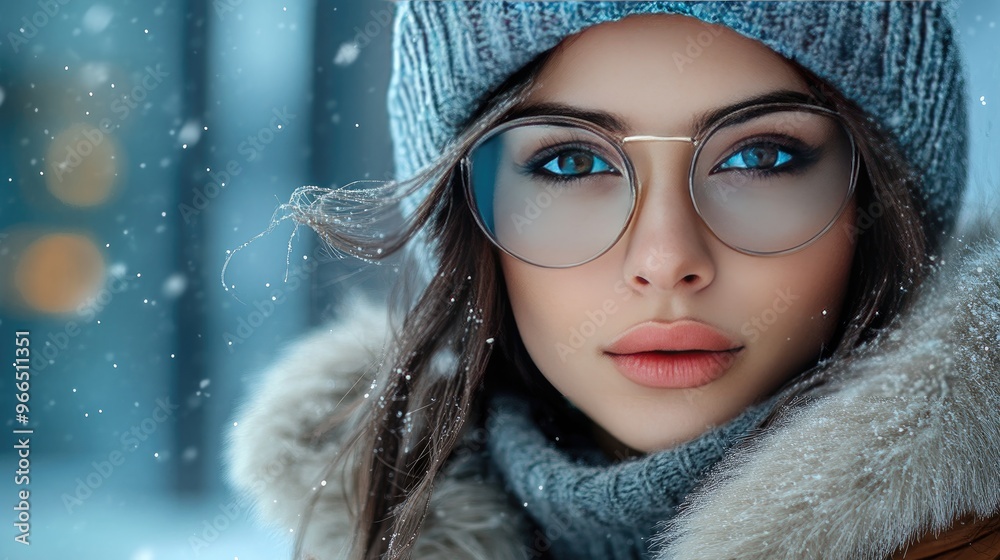Winter Fashion Portrait of a Woman with Glasses in Snowy Setting Winter Fashion Portrait of a Woman with Glasses in Snowy Setting