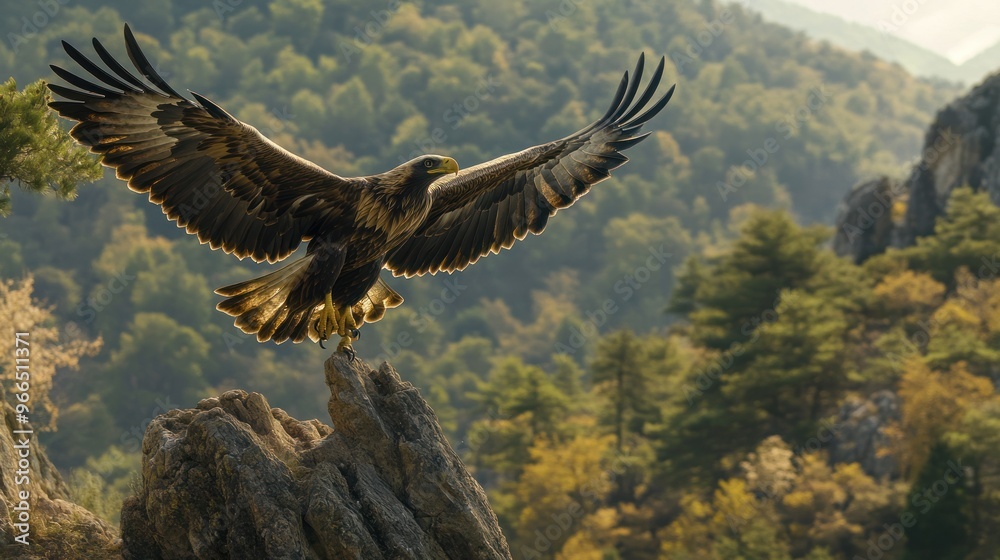 Obraz premium Majestic Eagle Soaring in Mountainous Landscape