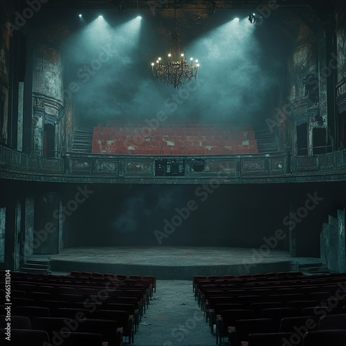 Quiet auditorium with a central spotlight on an abandoned stage wallpaper photo