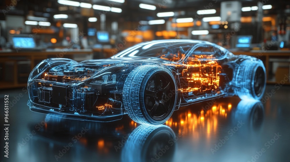 Futuristic Electric Car with Digital Blueprint Overlay Generative AI Futuristic Electric Car with Digital Blueprint Overlay Generative AI