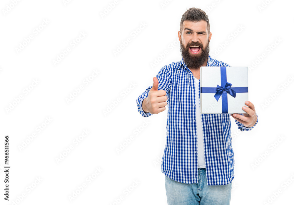 Romantic gift for the date. Present for mens day. Man on February 14. Bearded guy hold present box for Valentines day. Happy Valentines day. Mens day. Man with gift isolated on white. Banner Romantic gift for the date. Present for mens day. Man on February 14. Bearded guy hold present box for Valentines day. Happy Valentines day. Mens day. Man with gift isolated on white. Banner