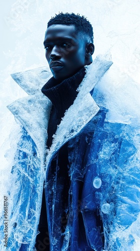 Stylish Man in Winter Attire Surrounded by Ice and Frost - Cold Fashion Concept photo