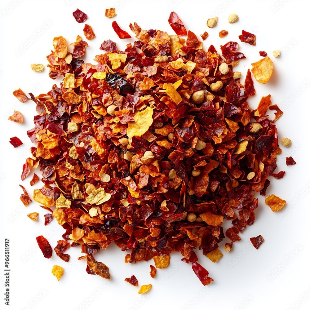 Pile of dried chili flakes placed in the center of a white background creating a bold spicy statement Pile of dried chili flakes placed in the center of a white background creating a bold spicy statement