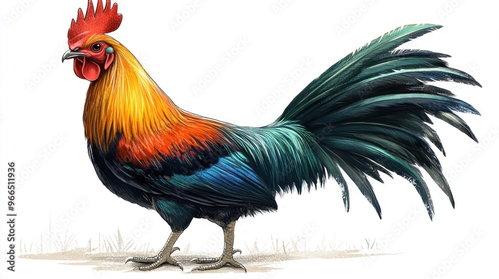 Fototapeta premium A Detailed Illustration of a Rooster with Vibrant Feathers