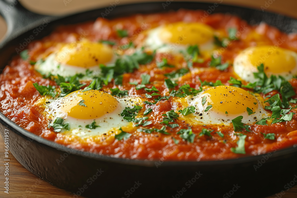 A vibrant dish of shakshuka cooking in a skillet, showcasing sunny-side-up eggs nestled in savory tomato sauce and fresh herbs A vibrant dish of shakshuka cooking in a skillet, showcasing sunny-side-up eggs nestled in savory tomato sauce and fresh herbs