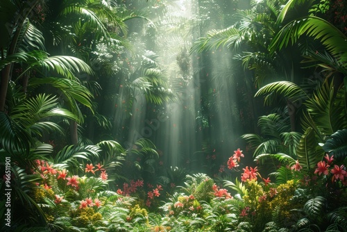 Sunbeams illuminate a lush, tropical jungle with vibrant flowers.