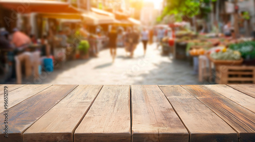 Empty wooden table, local market in the background at noon