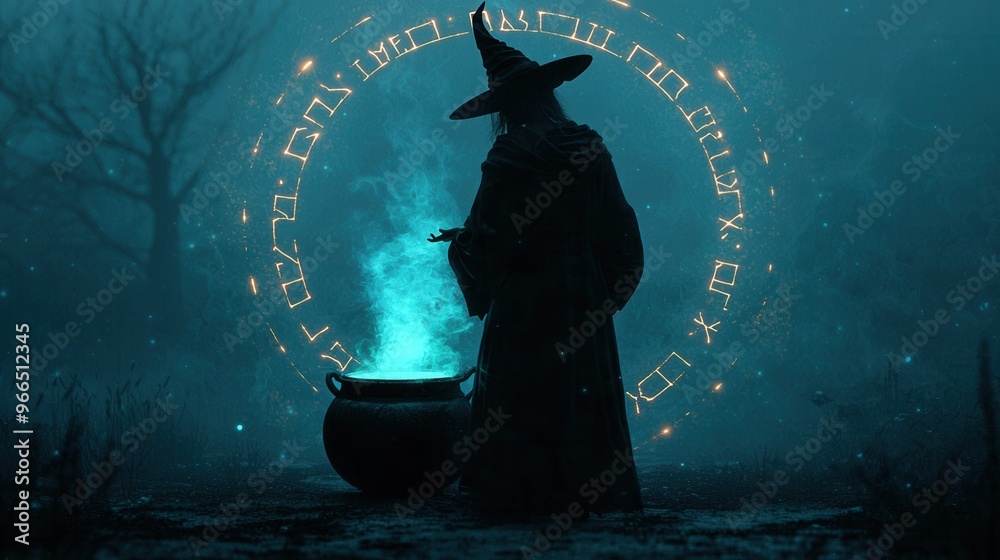 Witch Casting Spell in Dark Forest with Cauldron and Magic Circle Witch Casting Spell in Dark Forest with Cauldron and Magic Circle