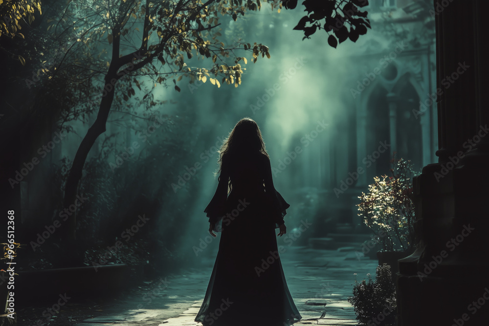 An ethereal vision of a mysterious figure shrouded in shadows, wandering through an ancient, fog-laden garden at twilight