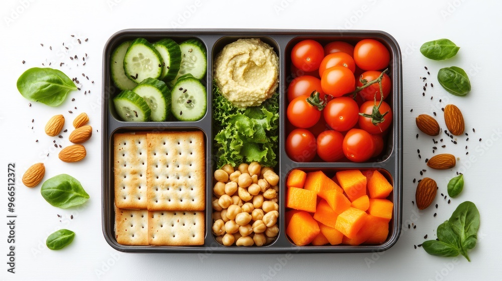 Healthy Bento Box with Fresh Vegetables, Crackers, Hummus, and Almonds on White Background Healthy Bento Box with Fresh Vegetables, Crackers, Hummus, and Almonds on White Background