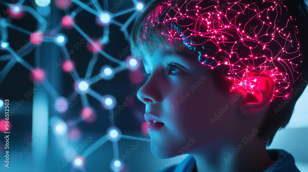 A scientific visualization of a childâs mind, with neural networks brightly illuminated, representing the continuous cognitive development fostered by education and play. A scientific visualization of a childâs mind, with neural networks brightly illuminated, representing the continuous cognitive development fostered by education and play.