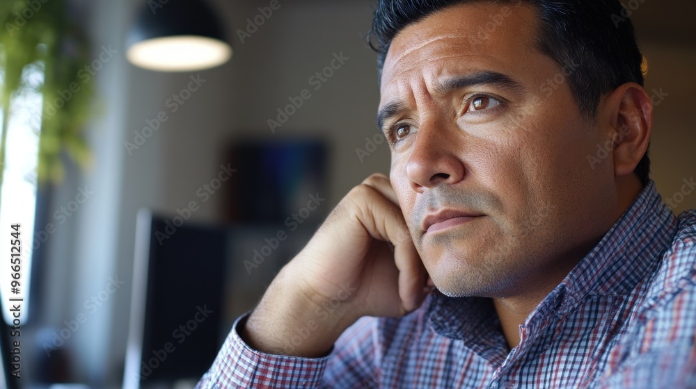Obraz premium Pensive Man in Plaid Shirt Gazing Off into Distance