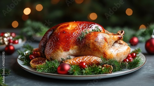 Festive Roasted Turkey on Holiday Dinner Table with Christmas Decorations