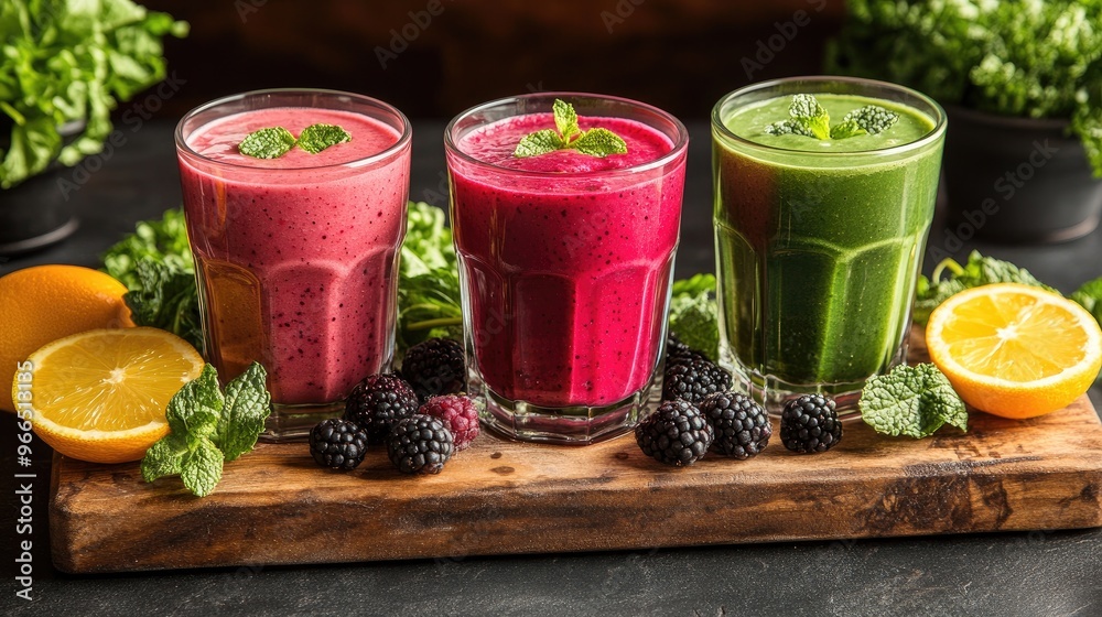 Colorful Fresh Fruit Smoothies with Mint Garnish and Citrus Slices on Wooden Board Colorful Fresh Fruit Smoothies with Mint Garnish and Citrus Slices on Wooden Board