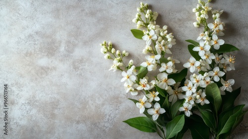 Delicate white flowers with green leaves on a textured background