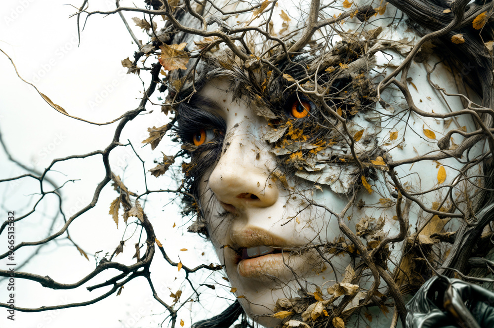 Surreal portrait of a woman intertwined with branches and autumn leaves, symbolizing nature and transformation.. Surreal portrait of a woman intertwined with branches and autumn leaves, symbolizing nature and transformation..
