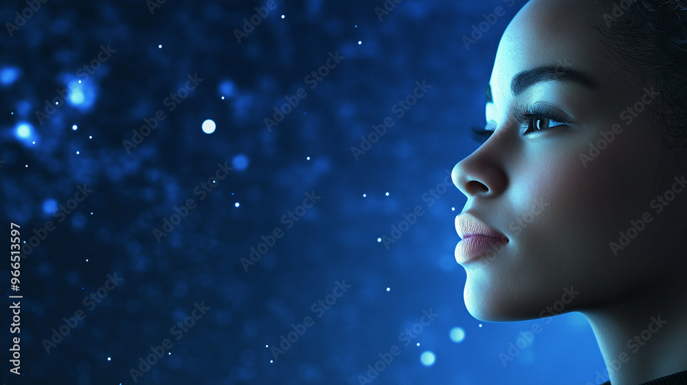 3D portrait of a woman with a thoughtful look, set against a starry night sky. 3D portrait of a woman with a thoughtful look, set against a starry night sky.