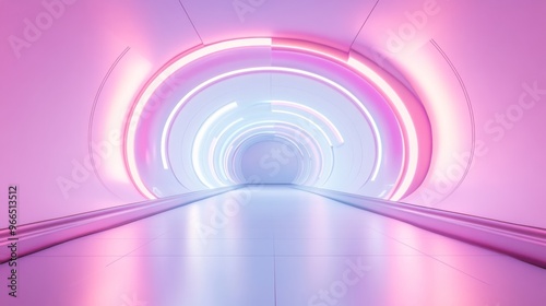Futuristic 3D Room with White Background, Abstract Space Technology Tunnel, and Modern Neon Lighting