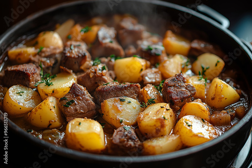 Savoring the warmth of Lancashire hotpot with tender lamb and perfectly cooked potatoes in a cozy kitchen setting