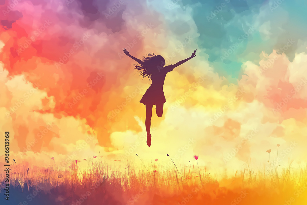 A joyous leap into a vibrant world of swirling colors as a girl dances in a sun-kissed meadow at sunset, embracing happiness and freedom