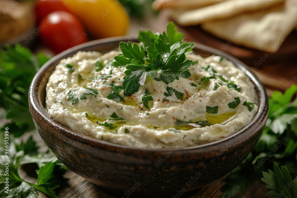 Enjoying a delicious bowl of homemade baba ghanoush with fresh herbs on a rustic wooden table Enjoying a delicious bowl of homemade baba ghanoush with fresh herbs on a rustic wooden table