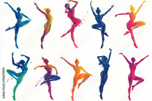 Dynamic rhythmic gymnasts gracefully showcasing athletic elegance through stunning movements in vibrant colors