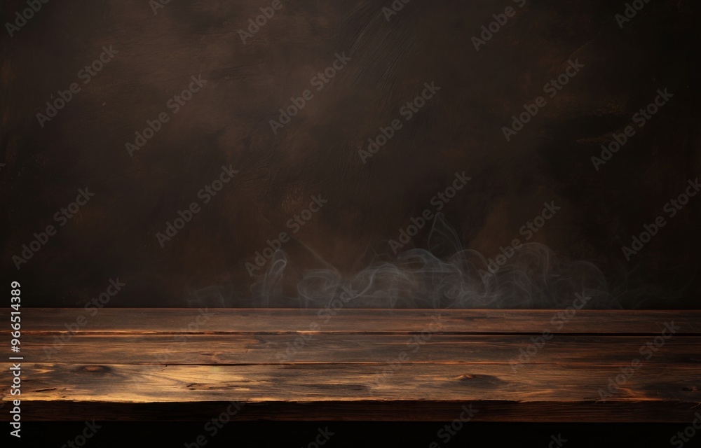 Empty Wooden Table with Smoke on Black Background for Product Display Presentation Mockup, Dark Room Studio Setting Empty Wooden Table with Smoke on Black Background for Product Display Presentation Mockup, Dark Room Studio Setting