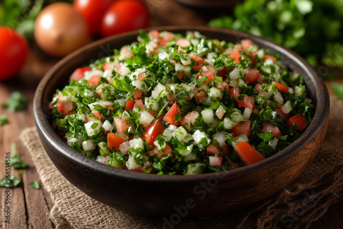 Fresh homemade tabbouleh salad bursting with vibrant colors and flavors, perfect for a summer gathering or picnic outdoors