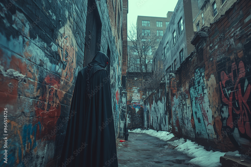 A solitary vampire contemplating vibrant graffiti in a cold, urban alleyway during an overcast afternoon A solitary vampire contemplating vibrant graffiti in a cold, urban alleyway during an overcast afternoon