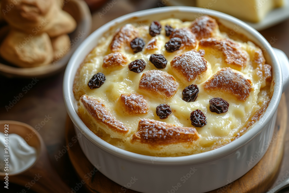 Delicious bread and butter pudding with raisins baked to perfection, served warm in a clear glass dish on a rustic table Delicious bread and butter pudding with raisins baked to perfection, served warm in a clear glass dish on a rustic table