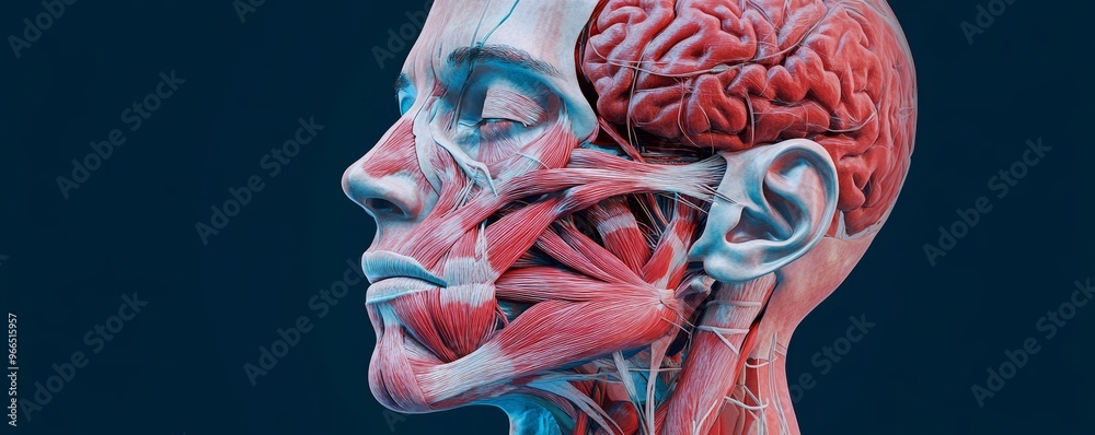 Anatomical illustration of human head with exposed muscles and brain ...