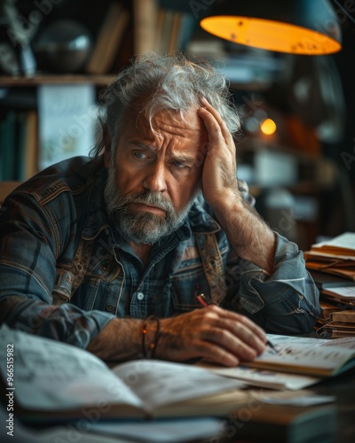 a middle-aged man sitting at a desk, holding his head in his hands, surrounded by papers and books