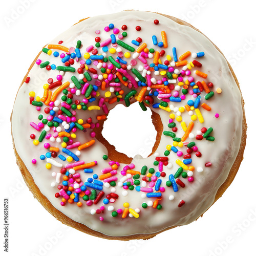 Colorful iced donut with sprinkles isolated on white background. Vibrant and delicious pastry perfect for any sweet tooth.