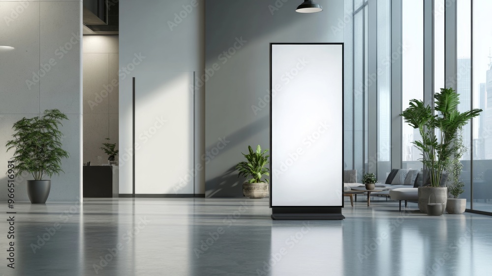 Mockup Vertical Billboard Stand, Digital Lightbox in Company's Lobby, Minimalist Style with Copy Space for Text