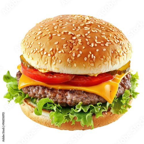 Delicious cheeseburger with lettuce, tomato, and cheese, served on a sesame seed bun. Perfect for fast food or gourmet dining visuals.