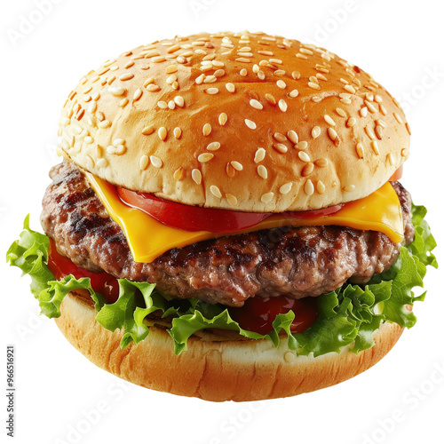 Delicious cheeseburger with lettuce, tomato, cheese, and a juicy beef patty in a sesame seed bun. Perfect for fast food lovers. photo