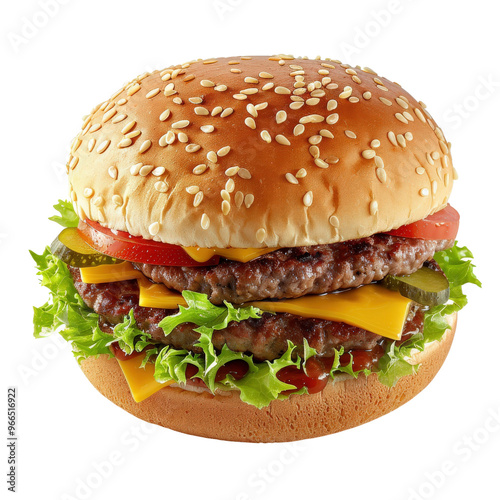 Delicious cheeseburger with lettuce, tomato, pickles, and layers of melted cheddar cheese in a sesame seed bun against a white background.