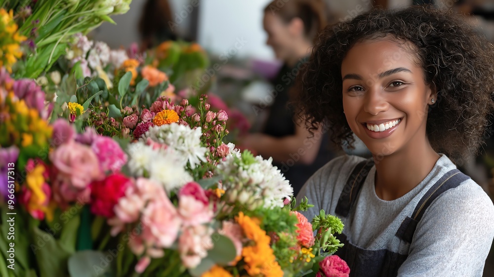 Fototapeta premium Smiling florists arranging flowers in a shop