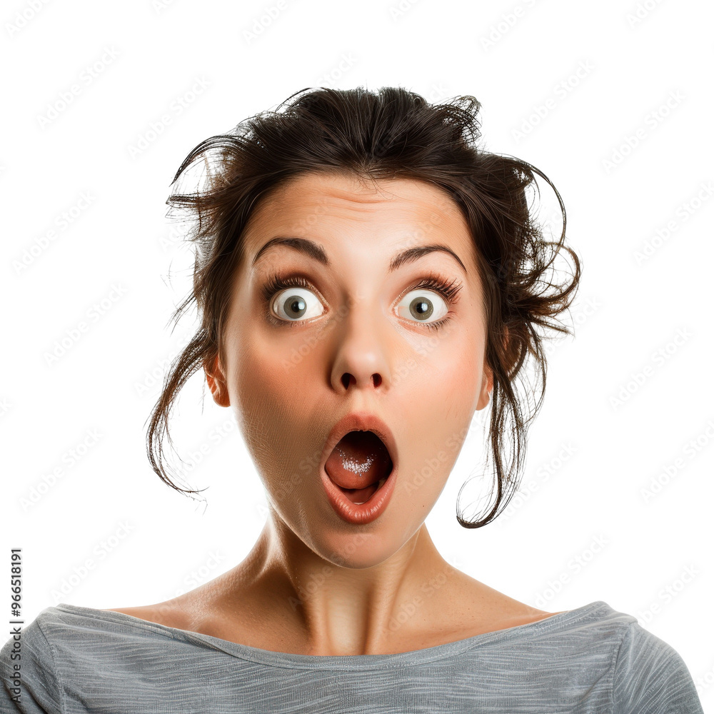 Surprised young woman with a shocked expression, mouth open and wide eyes, isolated on white background. Emotion and facial expression stock photo. Surprised young woman with a shocked expression, mouth open and wide eyes, isolated on white background. Emotion and facial expression stock photo.
